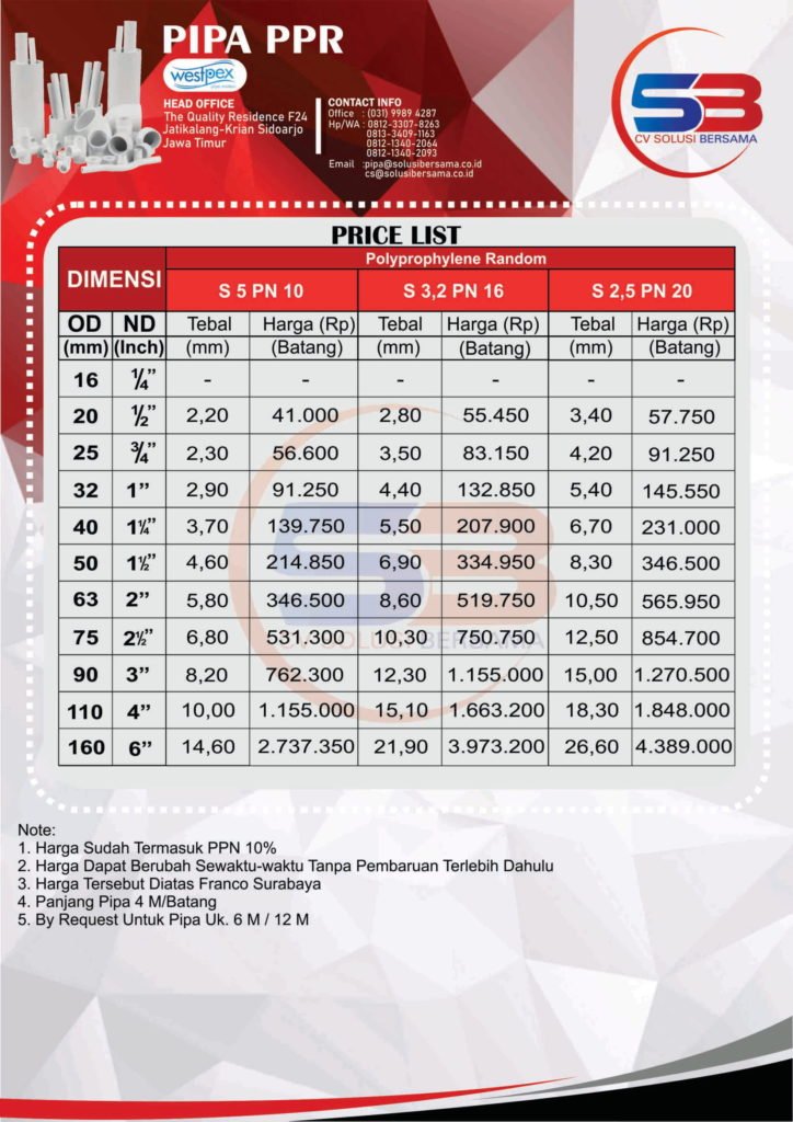 Price List Pipa Ppr Westpex Pipa Hdpe Ppr Pvc